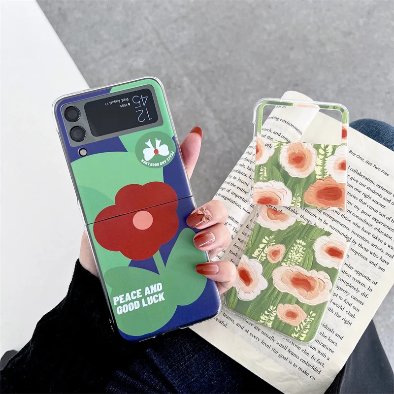 

Ins Style Contrast Flowers Phone Case for Samsung Galaxy Z Flip 4 3 Hard Cover for ZFlip3 Zflip4 Solid Shell Bracket