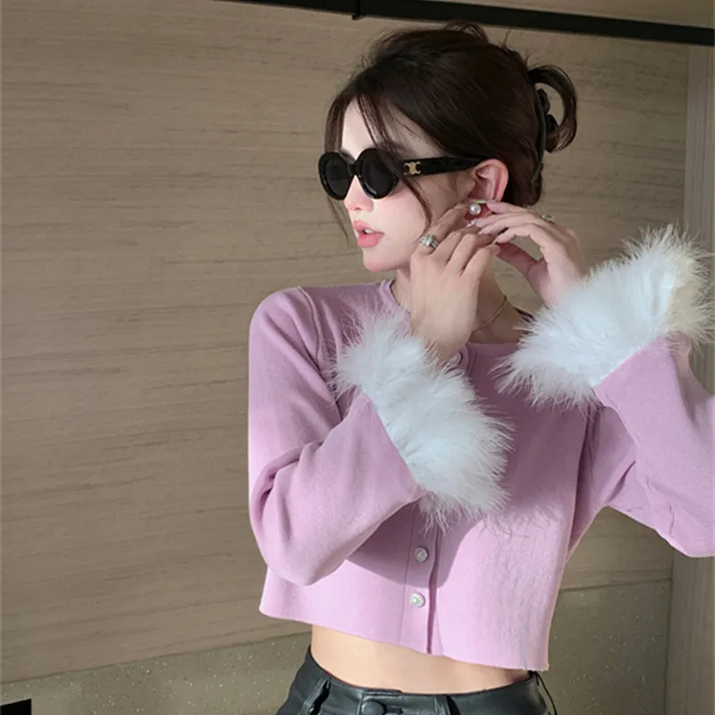 

Однотонный свитер, кардиган для женщин, лоскутный однобортный вязаный жакет с круглым вырезом и длинным рукавом, женский укороченный топ на...