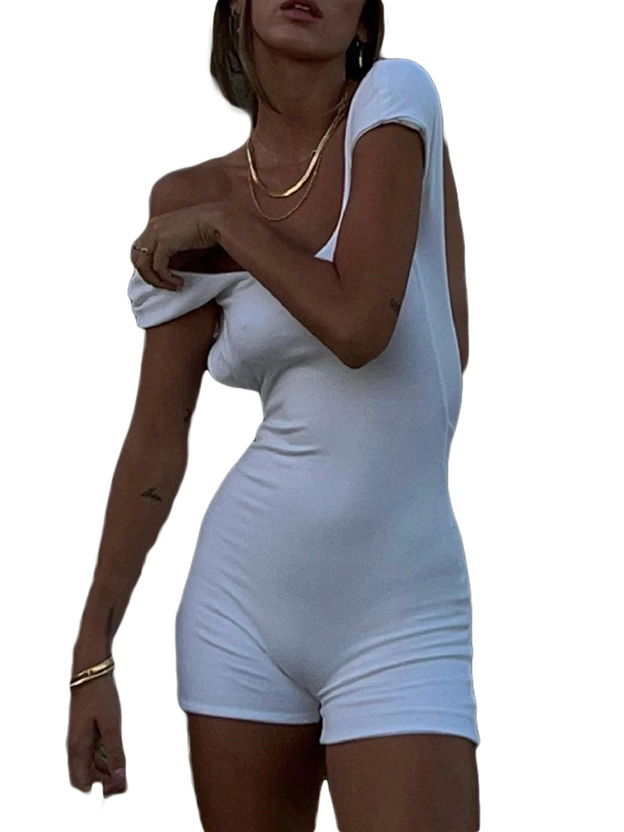 

Sexy Low Cut Women Sleeveless Jumpsuit Solid Color Backless Bodysuit Casual Basic Ribbed Knit Romper Summer Playsuit Clubwear