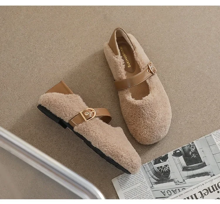 Khaqi Зимние женские туфли на плоской подошве из искусственной шерсти с круглым