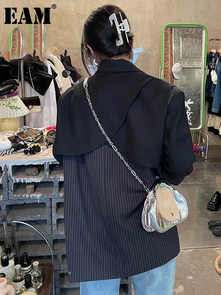 

[EAM] Women Back Striped Big Size Irregular Blazer New Lapel Long Sleeve Loose Fit Jacket Fashion Spring Autumn 2022 1DE2272