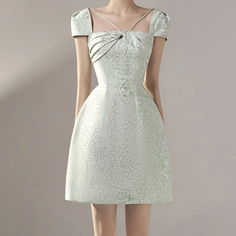 

Женское винтажное жаккардовое платье, Короткое облегающее платье с квадратным вырезом и рукавами в складку, лето 2023