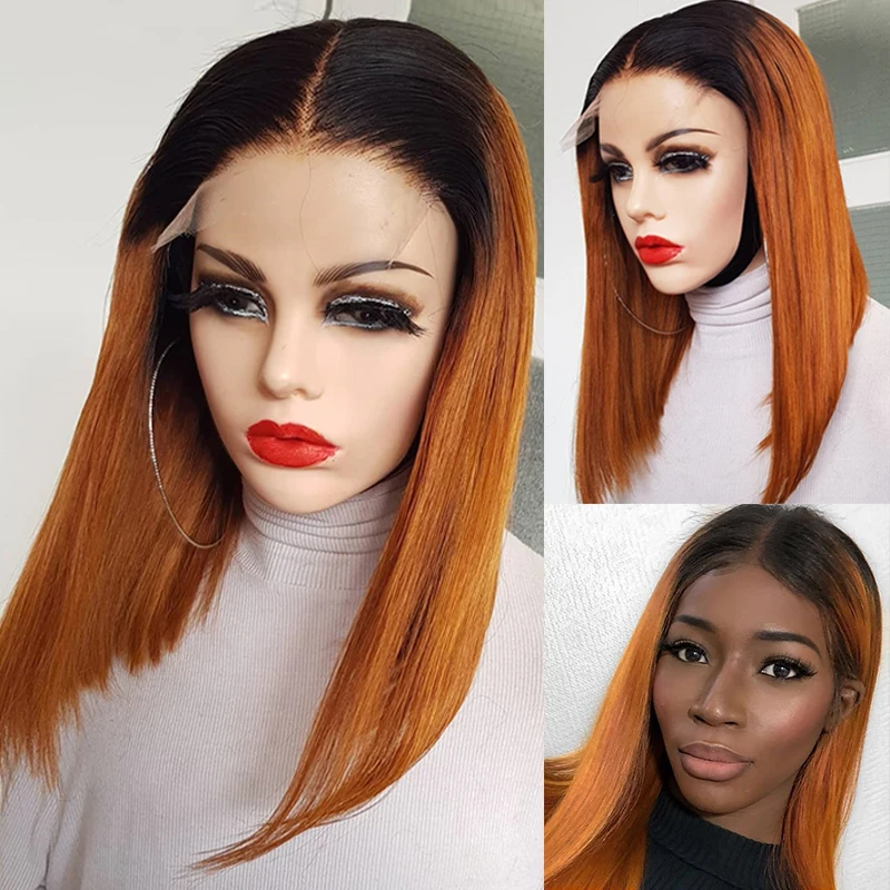 Ombre Color Straight Bob Closure Wig For Women Ginger Orange Lace Front Human Hair Wigs T Part Lace Wig 4x1 Brazilian Remy 150%