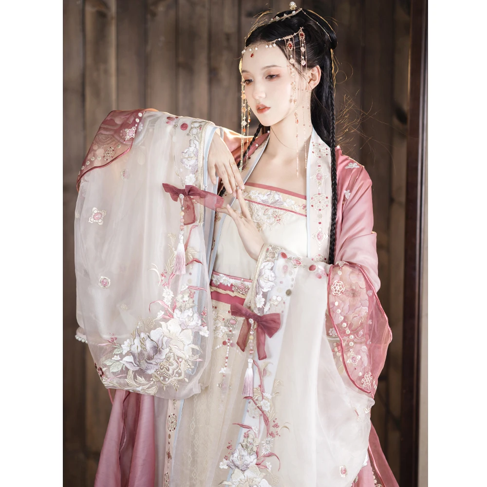 TuQiQi Women's Chinese Pink Embroidery Big Shirt Epleated Skirt Song Dynasty Fairy Hanfu Sling Female Dance Costume Dress Set |