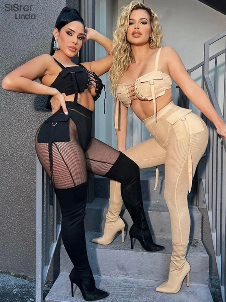 

Sisterlinda Summer Sexy Mesh Women 2 Piece Sets Ribbons Lace Up Tank Tops+See-Through Leggings Tracksuit Female Matching Outfits