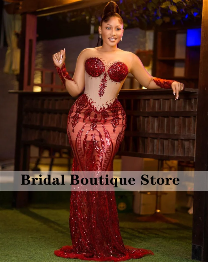 Sparkly Sexy Sequined Prom Dresses 2022 Illusion Sheer Neck Long Sleeve Birthday Party African Evening Gowns Robe De Bal