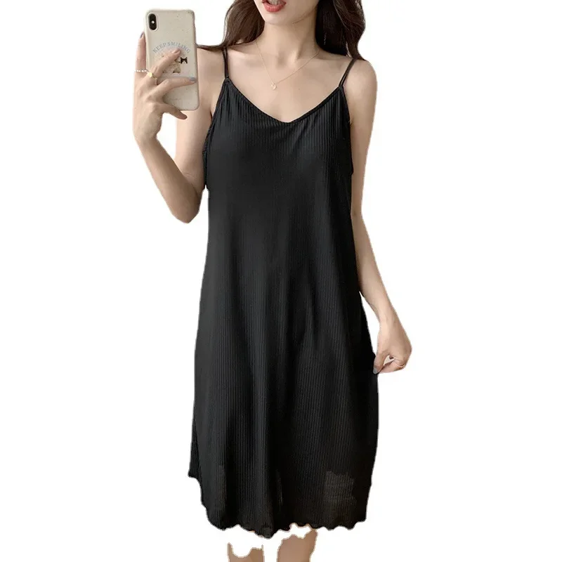 Sexy Cotton Open-back Tank Sleep Dress Women's Summer Nightgown Chest Pad Medium-length Solid Color Homewear