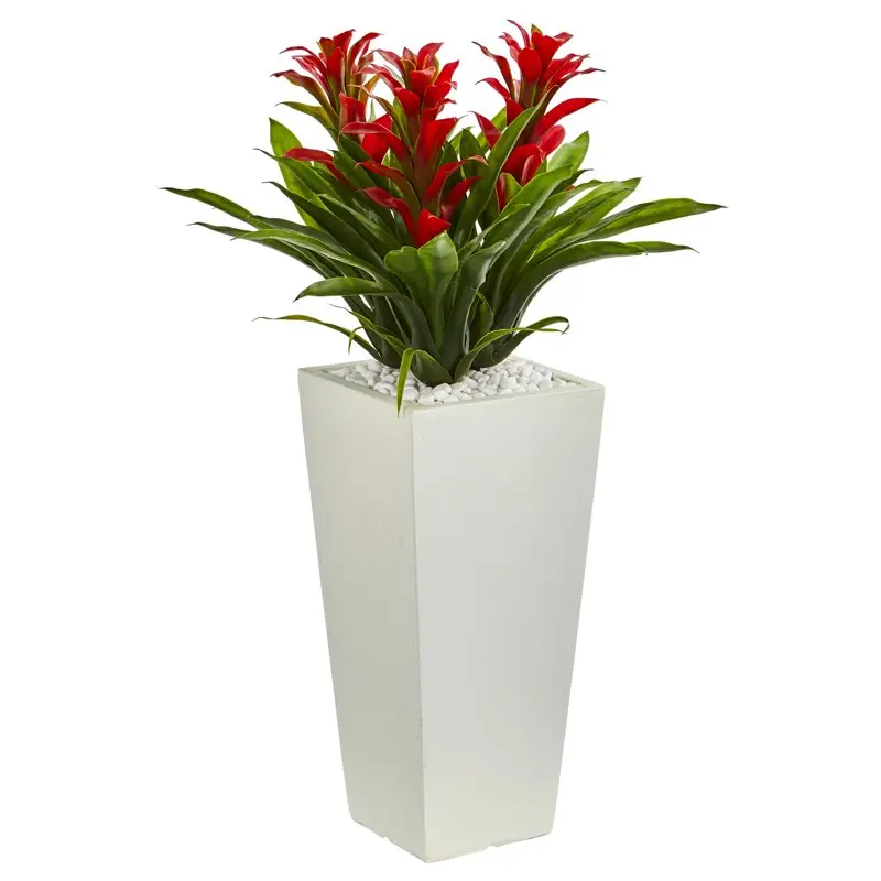 

Triple Red Bromeliad Plastic Artificial Plant in White Planter