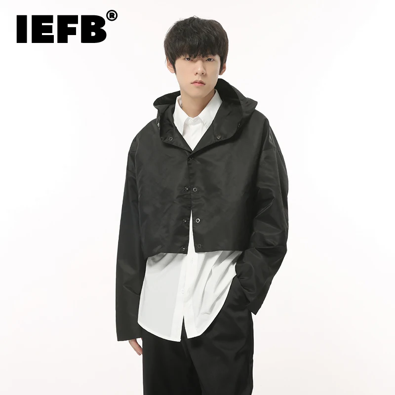 

IEFB Personality Hooded Jacket Coat Trend Men's Wear Autumn New Short Cardigan Korean Style Solid Color Loose Streetwear 9C1588