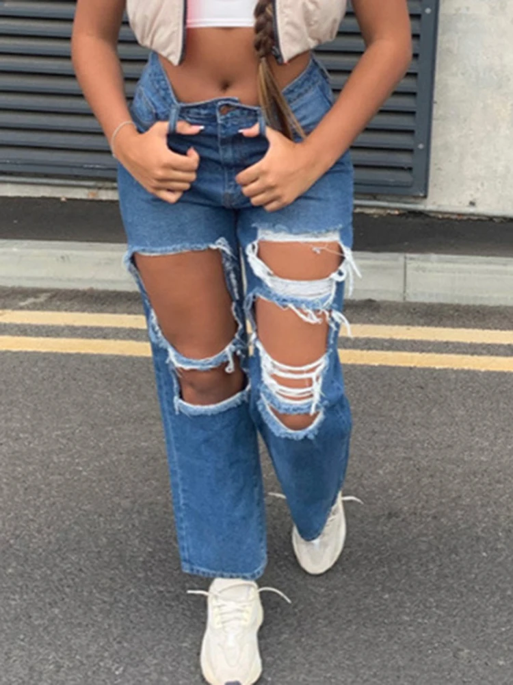 Women's sexy straight pants female cross-border European beauty jeans mid-waist washed ripped denim