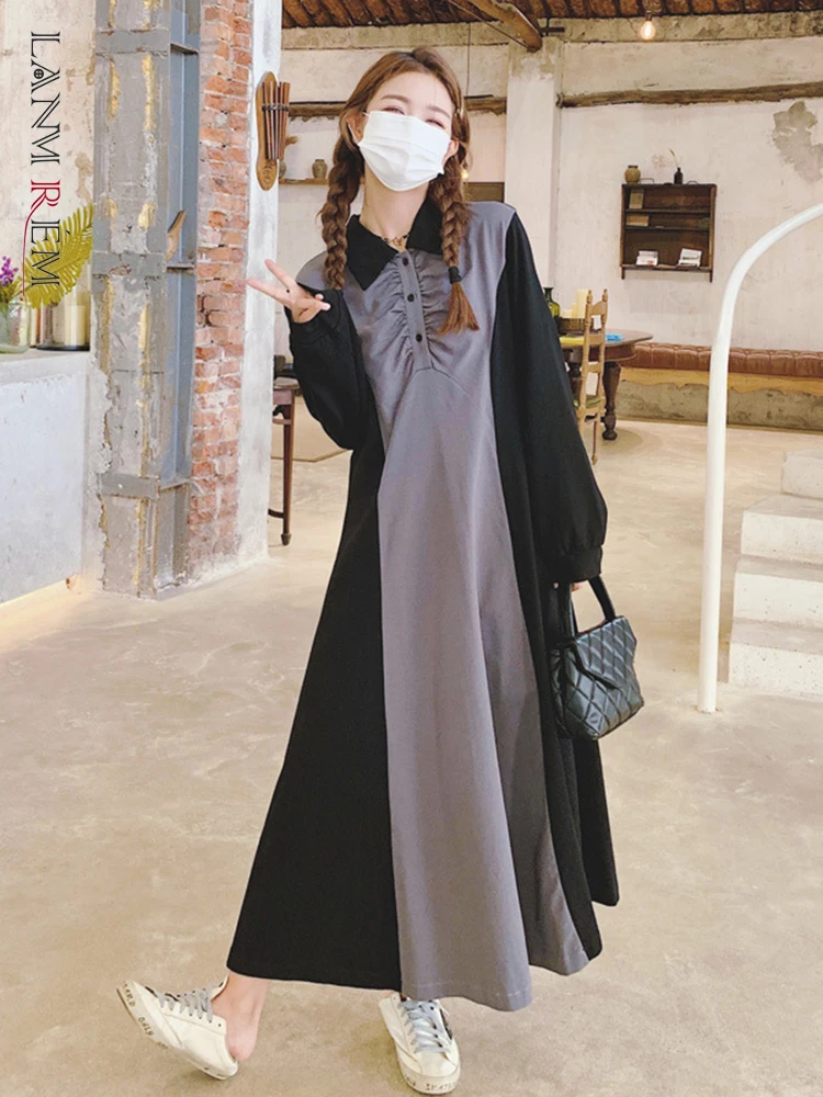 

LANMREM Gray Black Color Block Long Dress For Women 2023 Spring Long Sleeves Lapel Loose Dresses Female Casual Clothes 2R4519