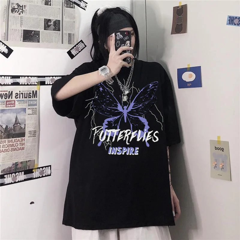 

2022 New Summer Women T Shirts Gothic Aesthetics Loose Ladies T-shirt Purple Butterfly Print T-shirt Ladies Top Harajuku Clothes