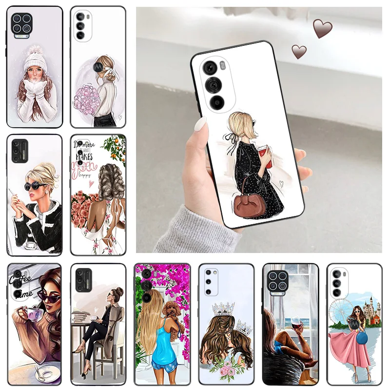 

Модные Силиконовые черные телефонные чехлы City Girl для Motorola Moto G73 G53 G Stylus Edge 30 20 One G9 G82 G72 G52 G32 G22 G200, чехол