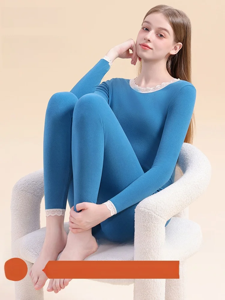 Heattech Long Johns Women Lace Slim fit Bodybuilding Student Thermal Underwear Set Thickened Solid Base Cotton Jersey