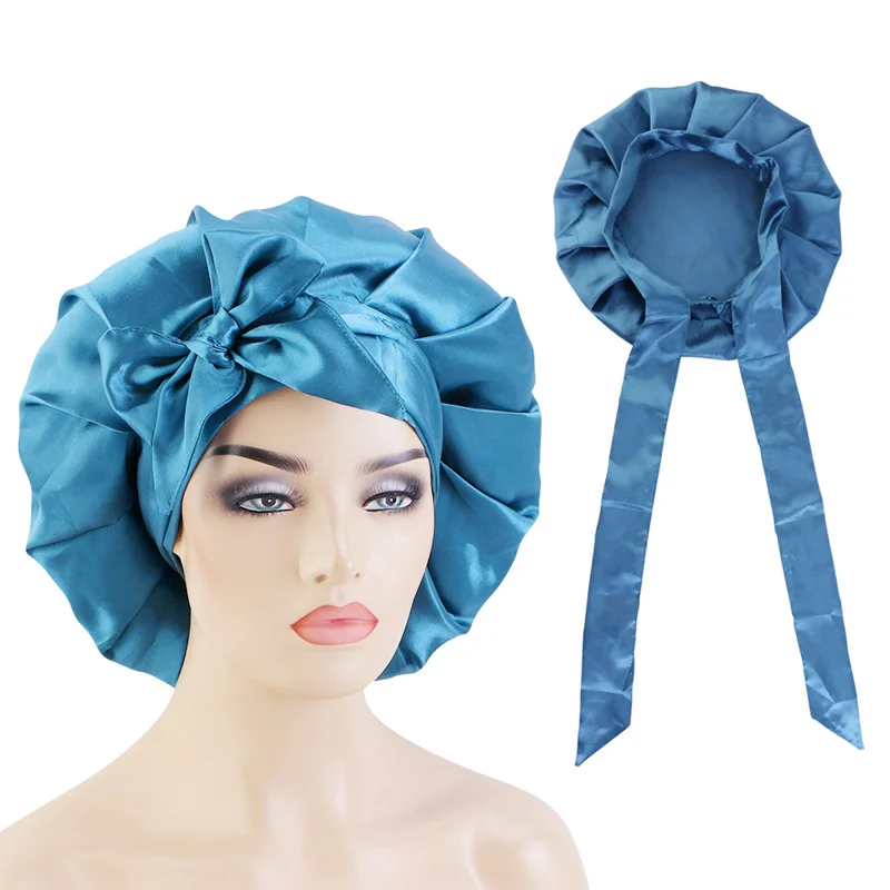 

Женская атласная шапочка для волос с широкими эластичными завязками, уход за длинными волосами, Регулируемая Шапочка для укладки волос, шелковая головка, шапочка для душа