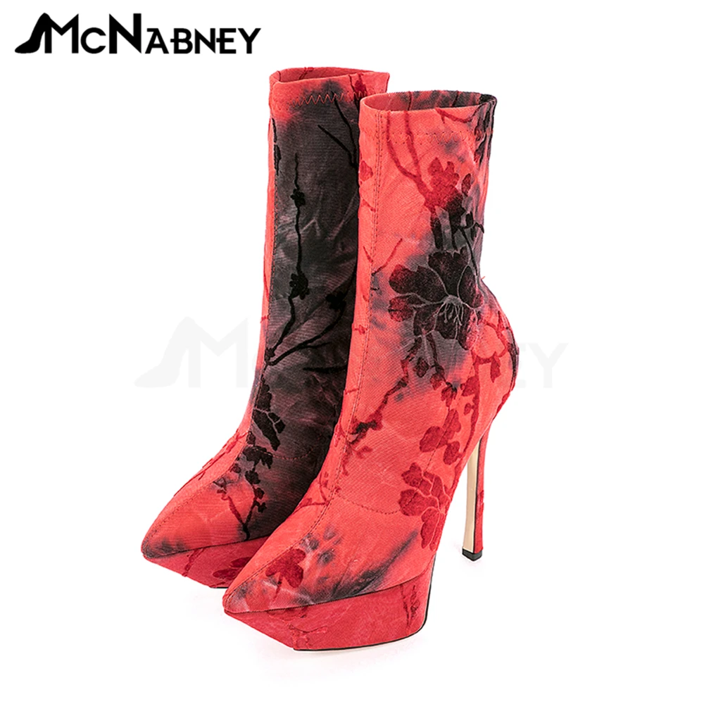 Купи Stretch Boots Sexy Fashion Modern Boots Black Red Embroidered Flower Ankle Boots Thin Pointed Toe High Heel Platform Shoes Women за 5,939 рублей в магазине AliExpress