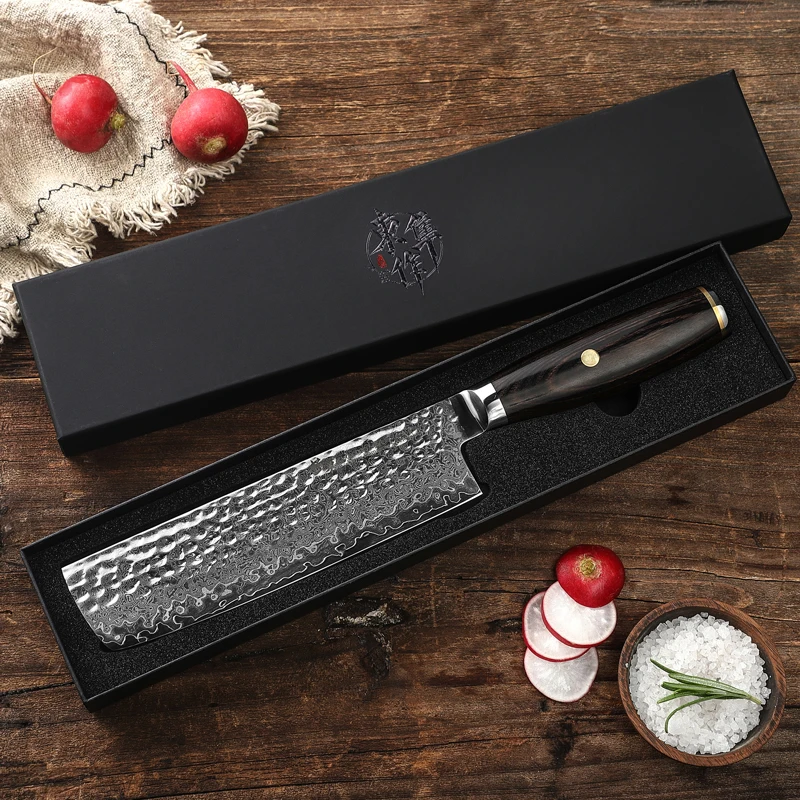 

7 Inch Nakiri Knife With Wood Scabbard 67 Layer Damascus VG10 Steel Sharp Chef Slicing Cleaver Handmade Hammering Kitchen Knives