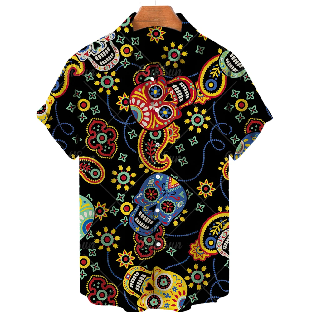 Camisa con estampado de calavera 3D para hombre, camisa hawaiana de terror con solapa de un solo boton, Top de playa informal a