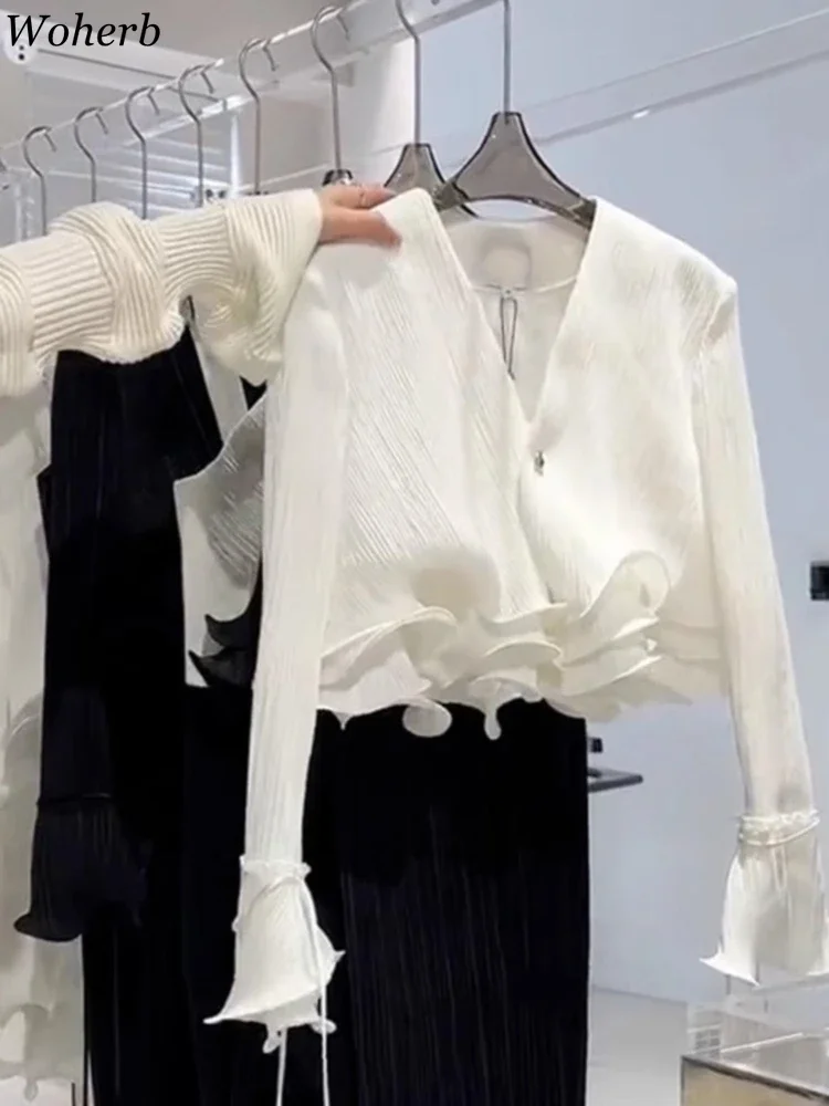 Новая корейская женская рубашка с рюшами темпераментные женские топы v-образным