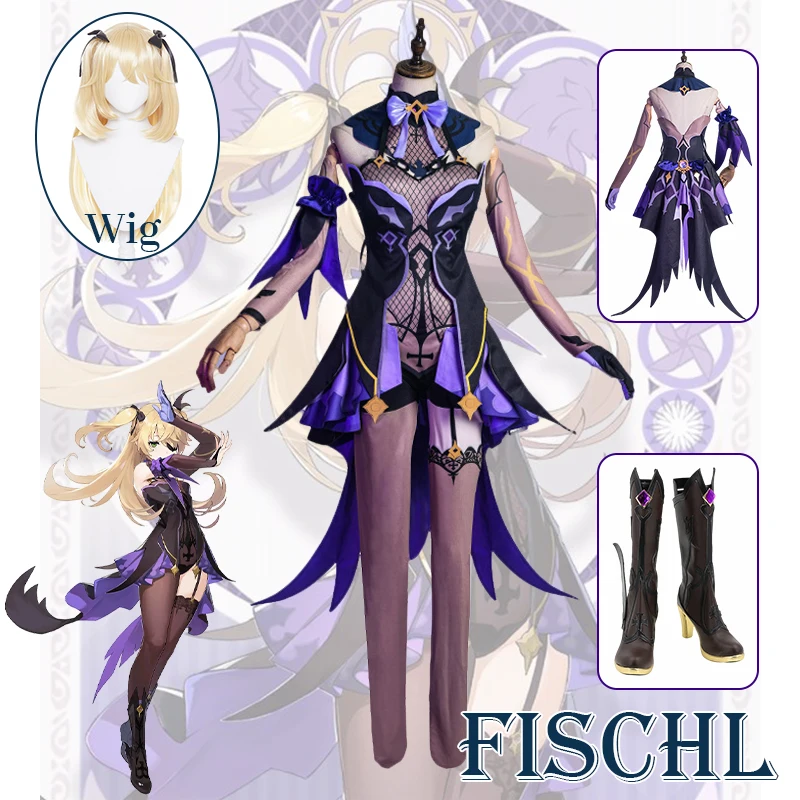 

Косплей Genshin Impact Fischl костюмы на Хэллоуин для женской формы аниме одежда платье костюм парик косплей сексуальный