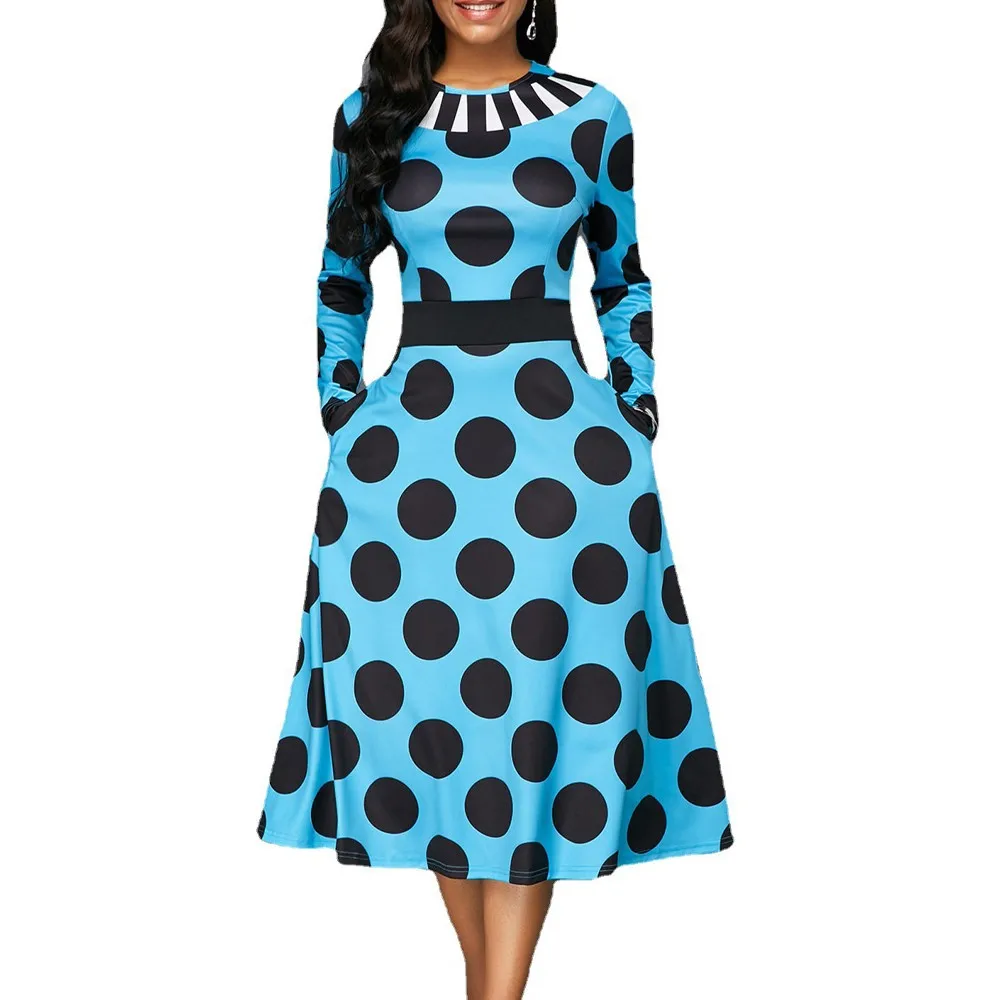 

Женское платье с длинным рукавом и круглым вырезом, в горошек