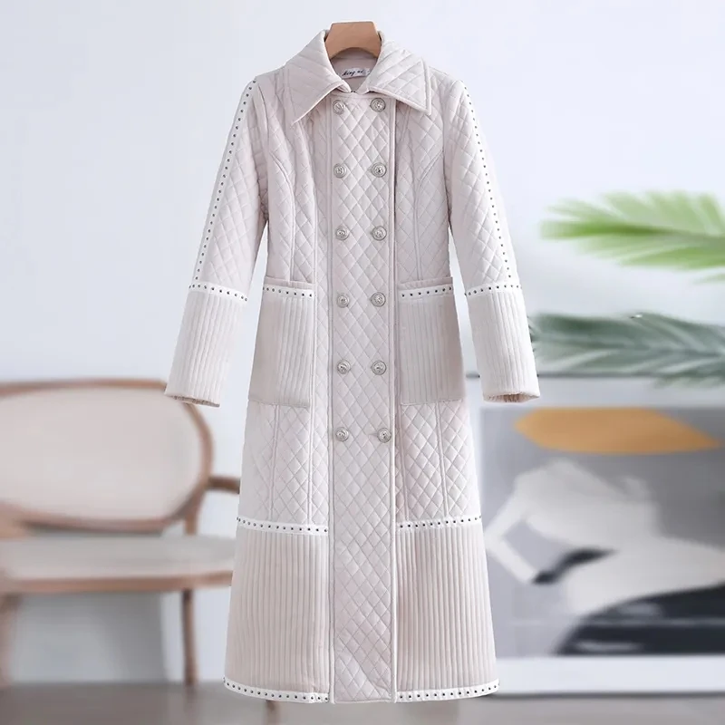 Fashion Temperament Autumn Winter White Lingge Cotton Jackets Women 2022 New Long Style Over Knee Slim Warm Padded Coats Female