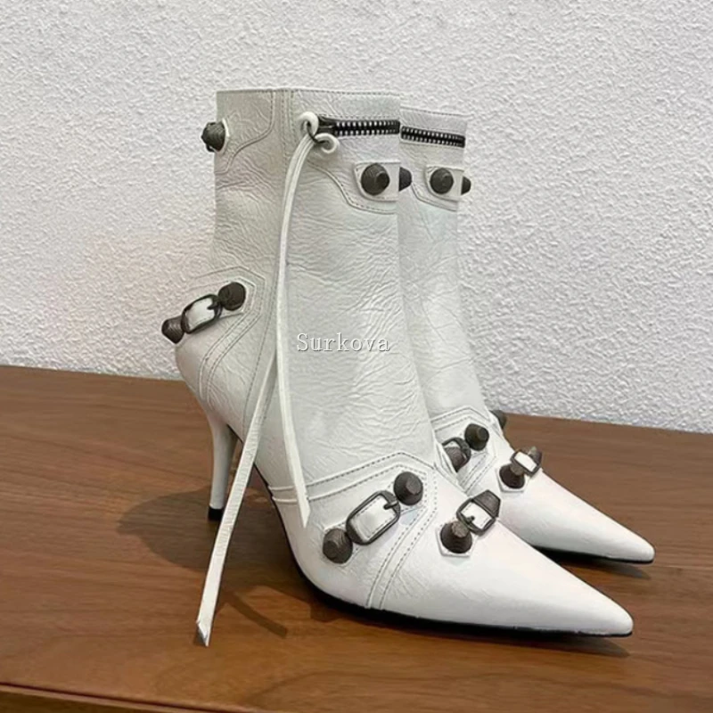 Ladies Knight Boots High Heels Metal Chain Calfskin Luxury Shoes Woman Fluorescence Color Rivet Pointed Toe Ankle Stiletto Boots