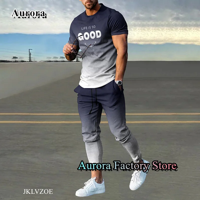 Summer Men Smile Printing Tracksuit 2 Pieces T-Shirt Long Pants Set Casual Jogging Suit Fashion Trousers Outfit Male Streetwear