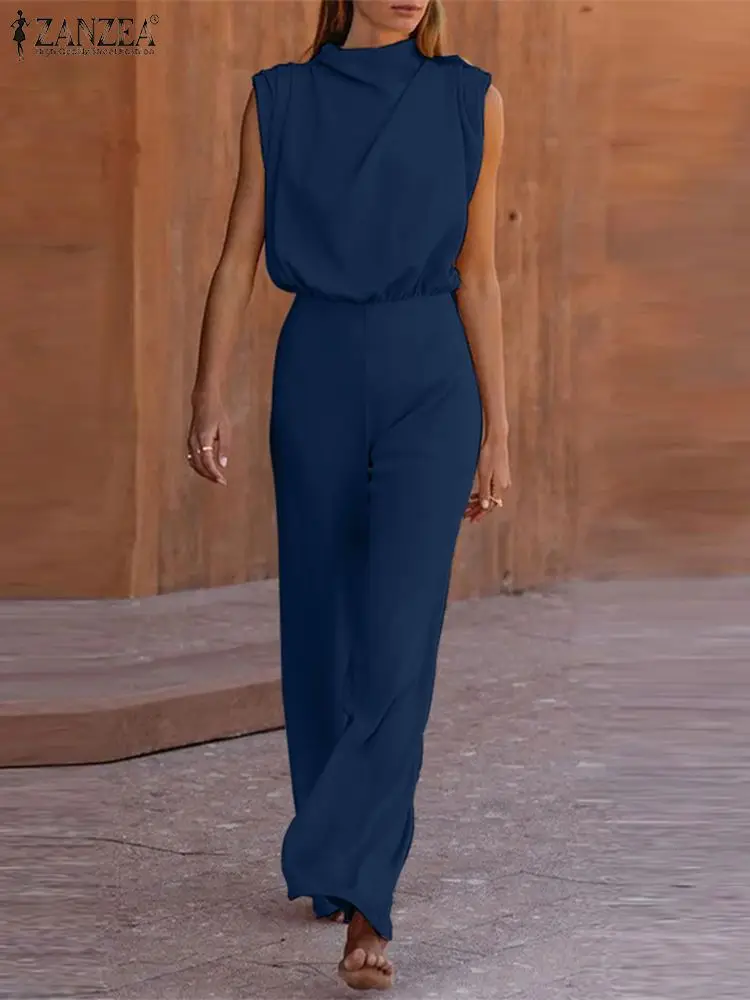 

ZANZEA Casual Tank Playsuit Women Sleeveless Long Jumpsuit Fashion Wide Leg Pants Overalls Elegant Stand Collar Pleating Rompers