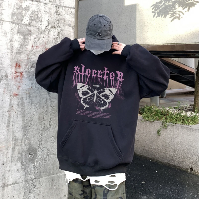 

Privathinker Thicken Fleece Hoodies Men Fashion Butterfly Gothic Graphic Pullovers Tops Hip Hop Male Autumn Winter Hoodie