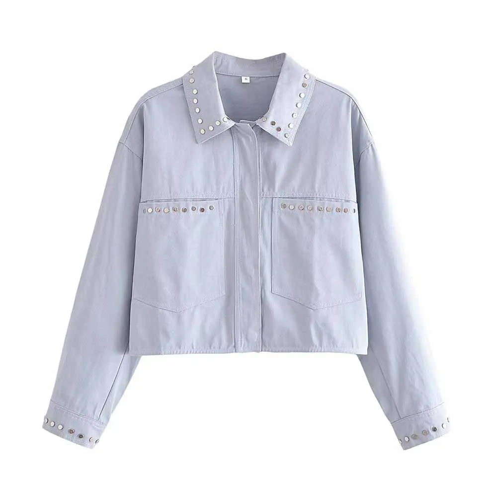 

TRAF Women's 2023 Fashion New Rivet Decorate Short Jacket Casual Retro Solid Color Long Sleeve Pocket Female Chic Jacket 3193912