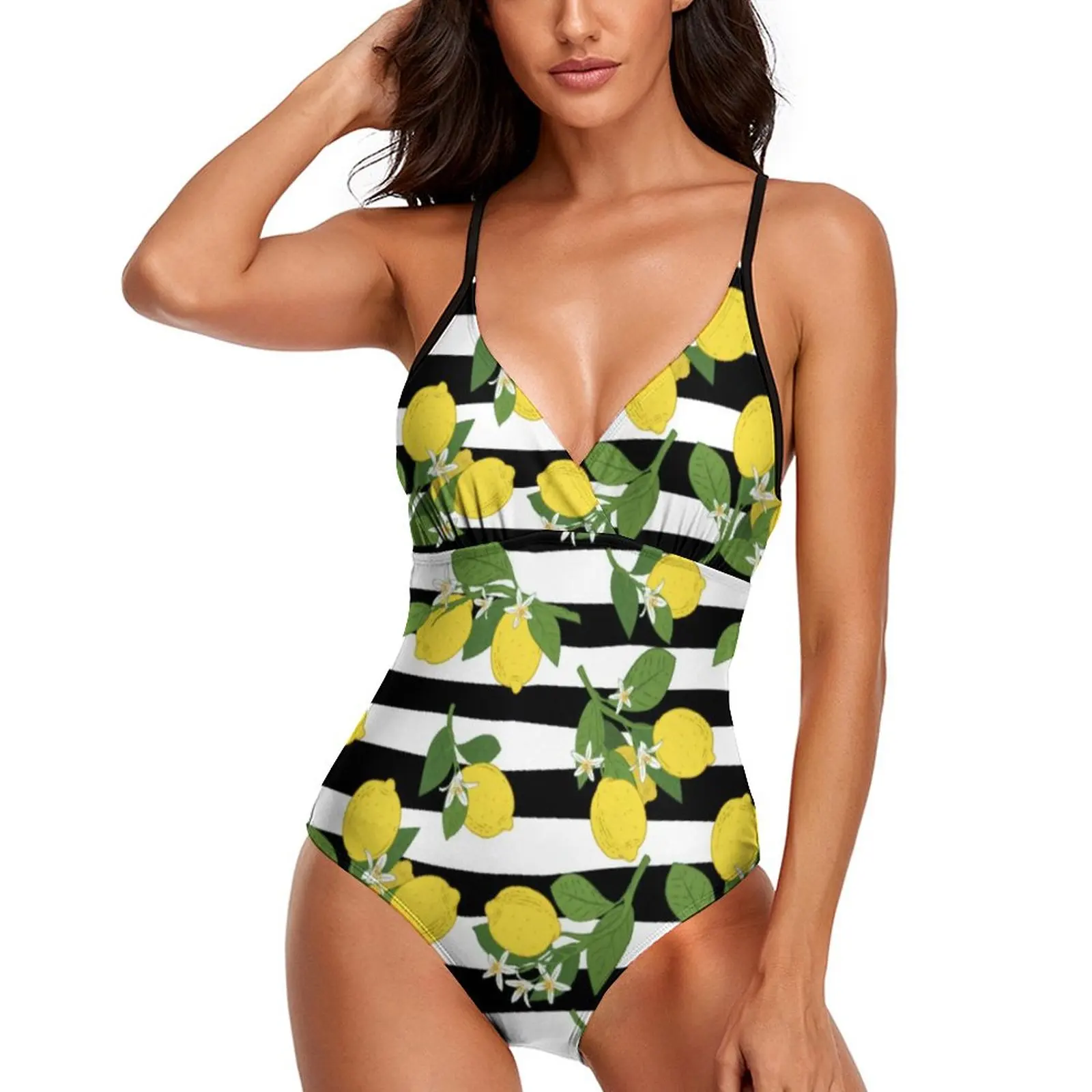 

Lemon And Leaf Swimsuit Black Striped Print Push Up Swimwear Lace Up Bathing Suits Sexy Novelty Bodysuit Design Beach Wear