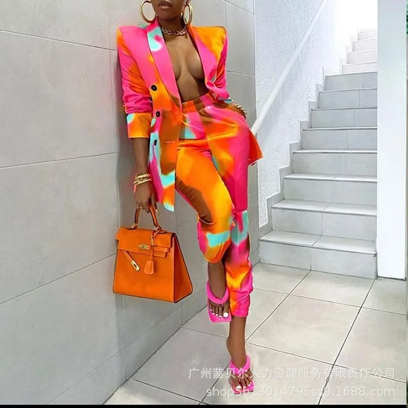 

Новинка весна-осень 2023, женская одежда, яркий зеленый костюм с воротником, куртка, повседневные брюки, повседневный костюм для бега, комплект из 2 предметов