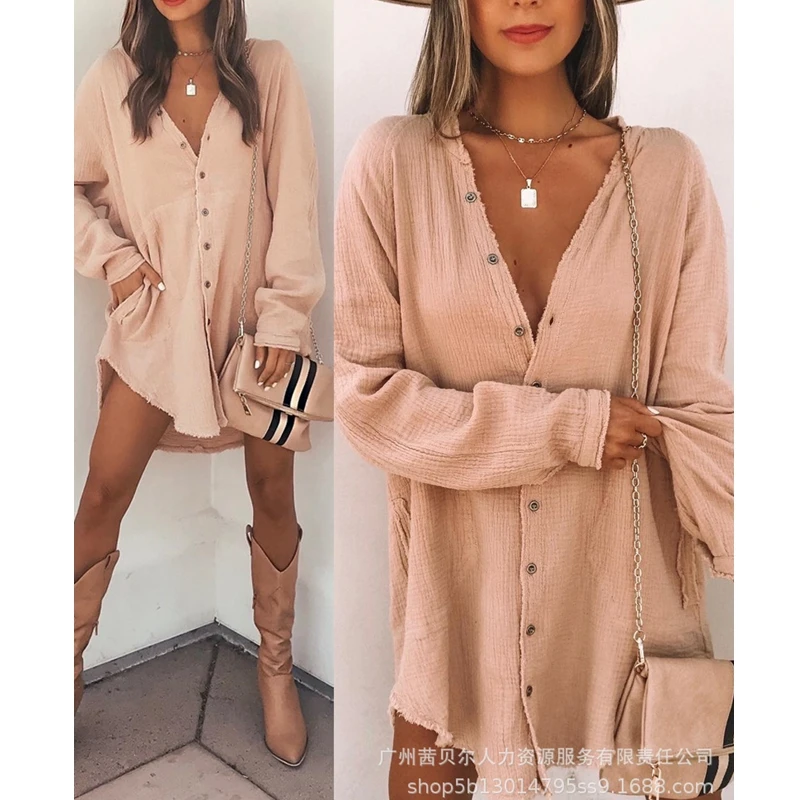 

Sexy Shirt Dress Women Solid Color Loose Cardigan Single Breasted Long Shirt Women's Long Sleeve V-neck Irregular Dress Shirt