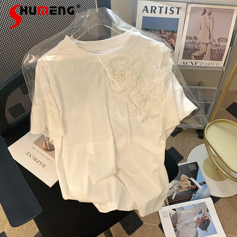 

Women Fashion Simple 3D Flower Short-Sleeved T-shirt Female 2022 Summer New Casual Loose Versatile Round Neck Pullover Top Tees