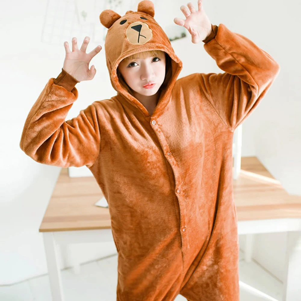 Unisex Bear Adult Onesie Flannel Cosplay Animal Plush One Piece Pajamas Halloween Christmas Costume Sleepwear Jumpsuit Homewear