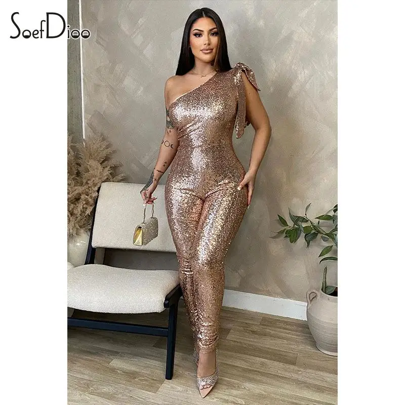 

Soefdioo Sequined Patchwork Oblique Shoulder Jumpsuit Women Sexy Skinny Shaping Sleeveless Rompers Summer 2023 Midnight Clubwear