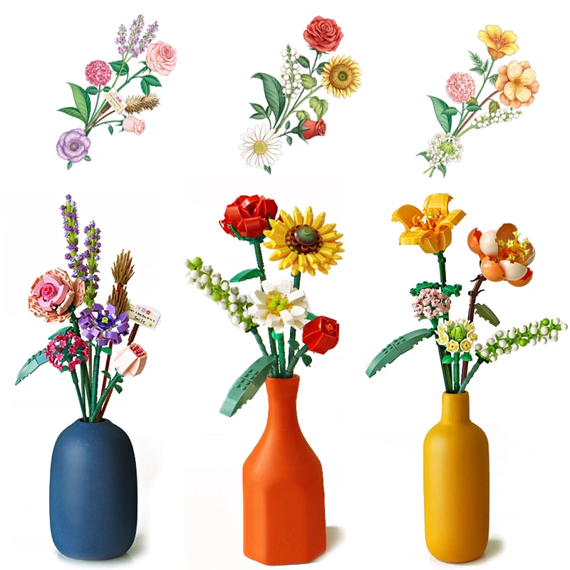 

Building Block Bouquet 3D Model Toy Home Decoration Plant Potted Chrysanthemum Rose Flower Assembly Brick Girl Toy Child Gift