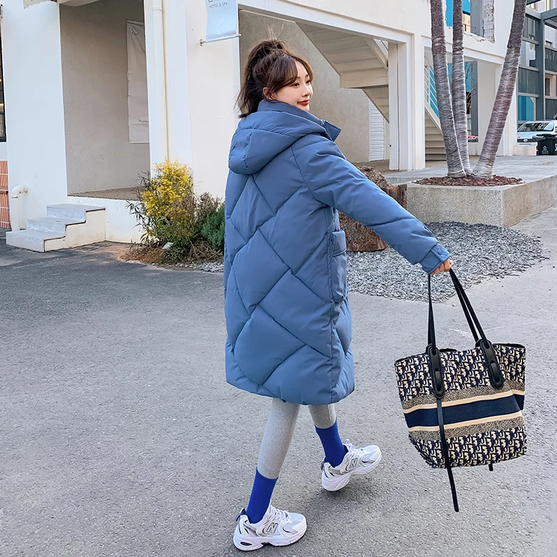 Women's Autumn Winter Solid Color Hooded Jackets Rhombic Lattice Loose Coat Medium Long Parka for Fashion Parkas Jackets