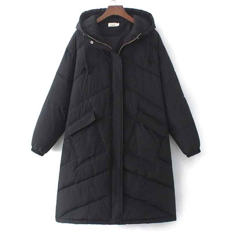 Plus Size Clothing Winter 2022 Parkas For Women Loose Fit Long Padded Jacket Black Thick Down Cotton Keep Warm Zipper Coat