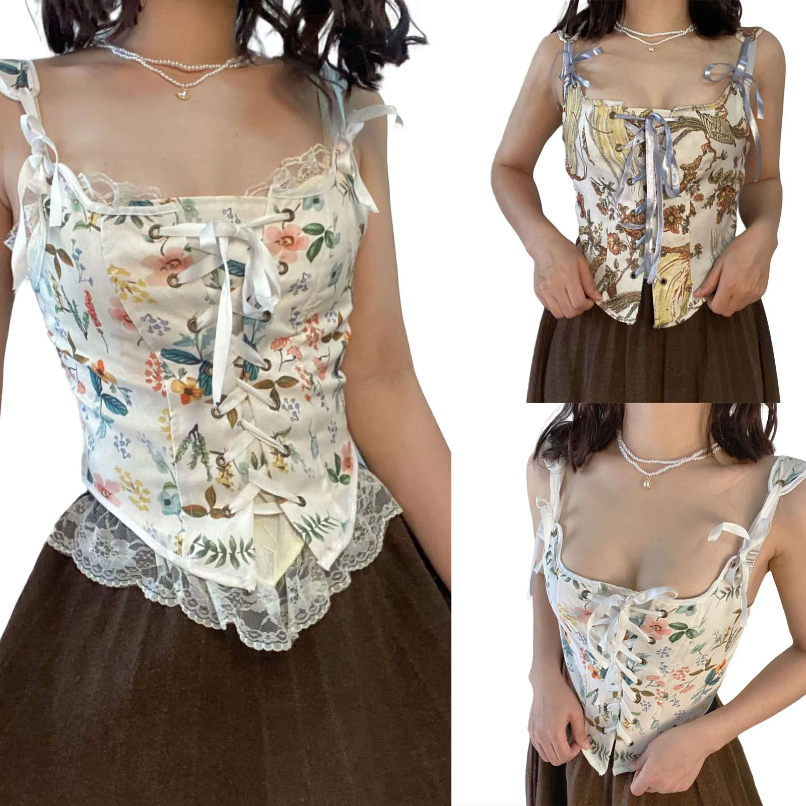 

Women Sexy French Camisole, Flower Print Fashion U-Neck Cross Strappy Bodycon Tank Tops Waist Girdle