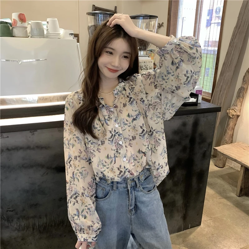

Fashion Vintage Floral Blouses Tops Women Korean Loose Long Sleeve Chiffon Shirts Female Spring Summer New