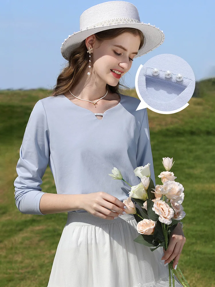 

I BELIEVE YOU Long Sleeve T-shirt Women 2023 Spring Slim Vneck Pullover Tops Woman T-shirts Solid Tees Clothing 2231014946