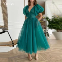 verngo vintage retro dark green dotted prom dresses puff short sleeves v neck buttons women tea length formal party dress