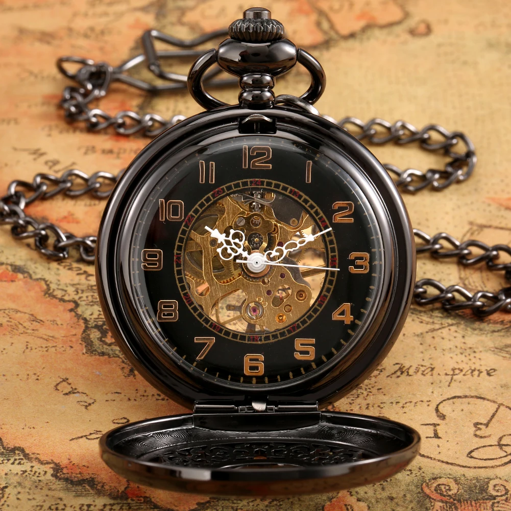 Vintage Black Hollow Manual Mechanical Pocket Watch Fob Chain Arabic Numerals Display Hand Winding Pendant Antique Pocket Clock