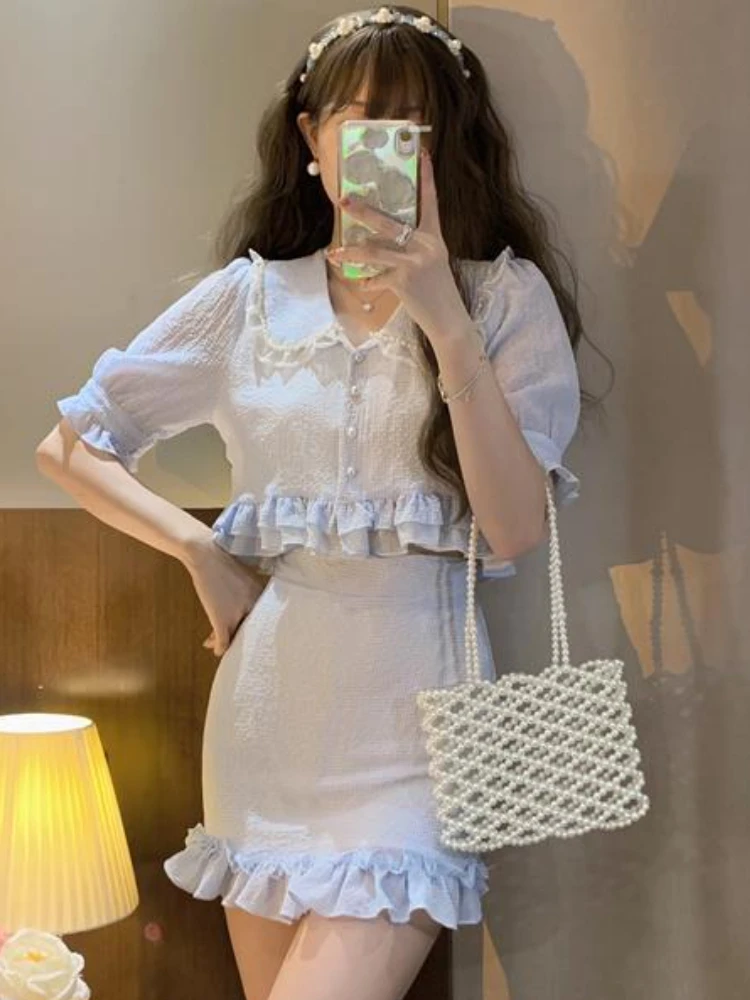 

Summer Chiffon Pearls Sweet Two Piece Set Women Korean Lace Ruffle Flounce Kawaii Mini Skirt Set Female Slim Fit Party Suit 2022