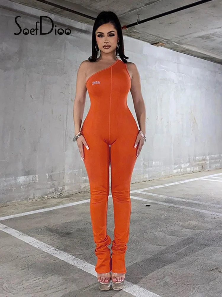

Soefdioo Letter Printed One Shoulder Sleeveless Bodycon Jumpsuit Womens One Piece Outfit 2022 Casual Fashion Fitness Sportswear