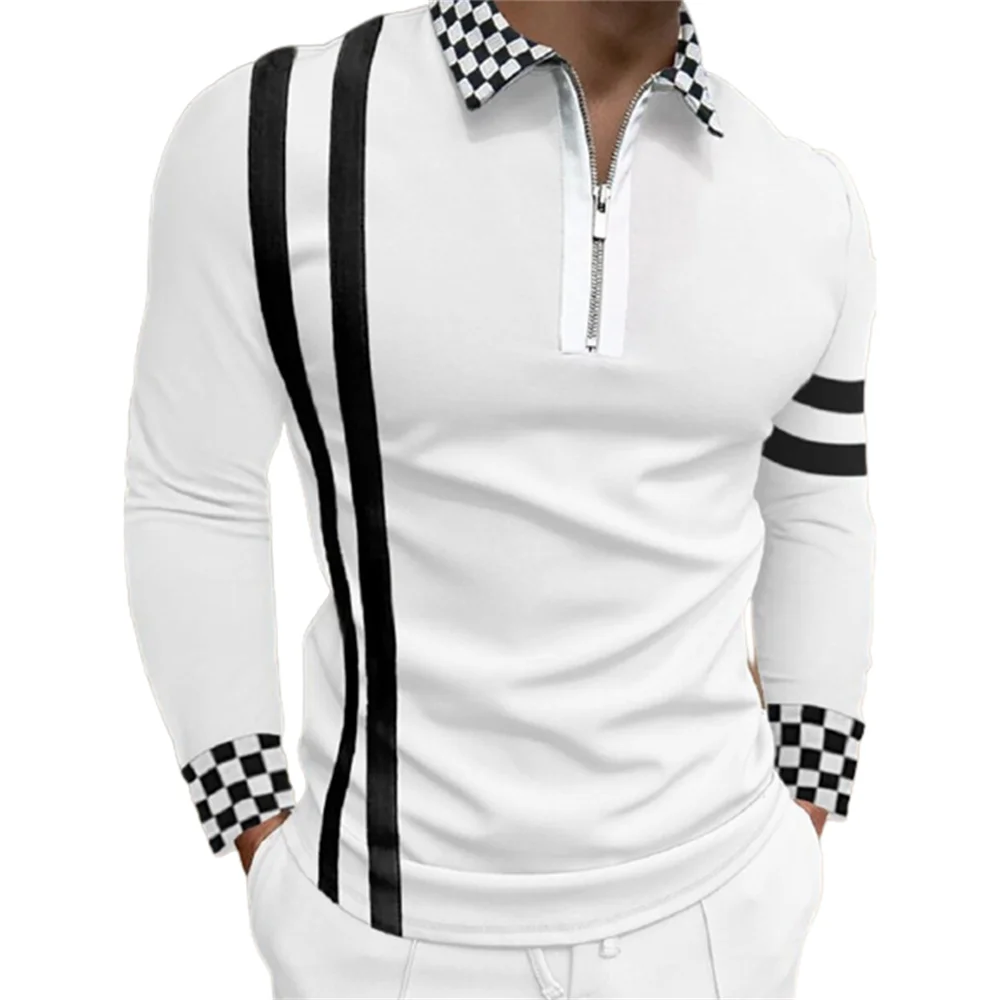 

Fashion Patchwork Striped Long Sleeve Tops Male Casual Zip-up Turn-down Collar Polo Shirts Vintage Casual Men's Slim Polo Shirt