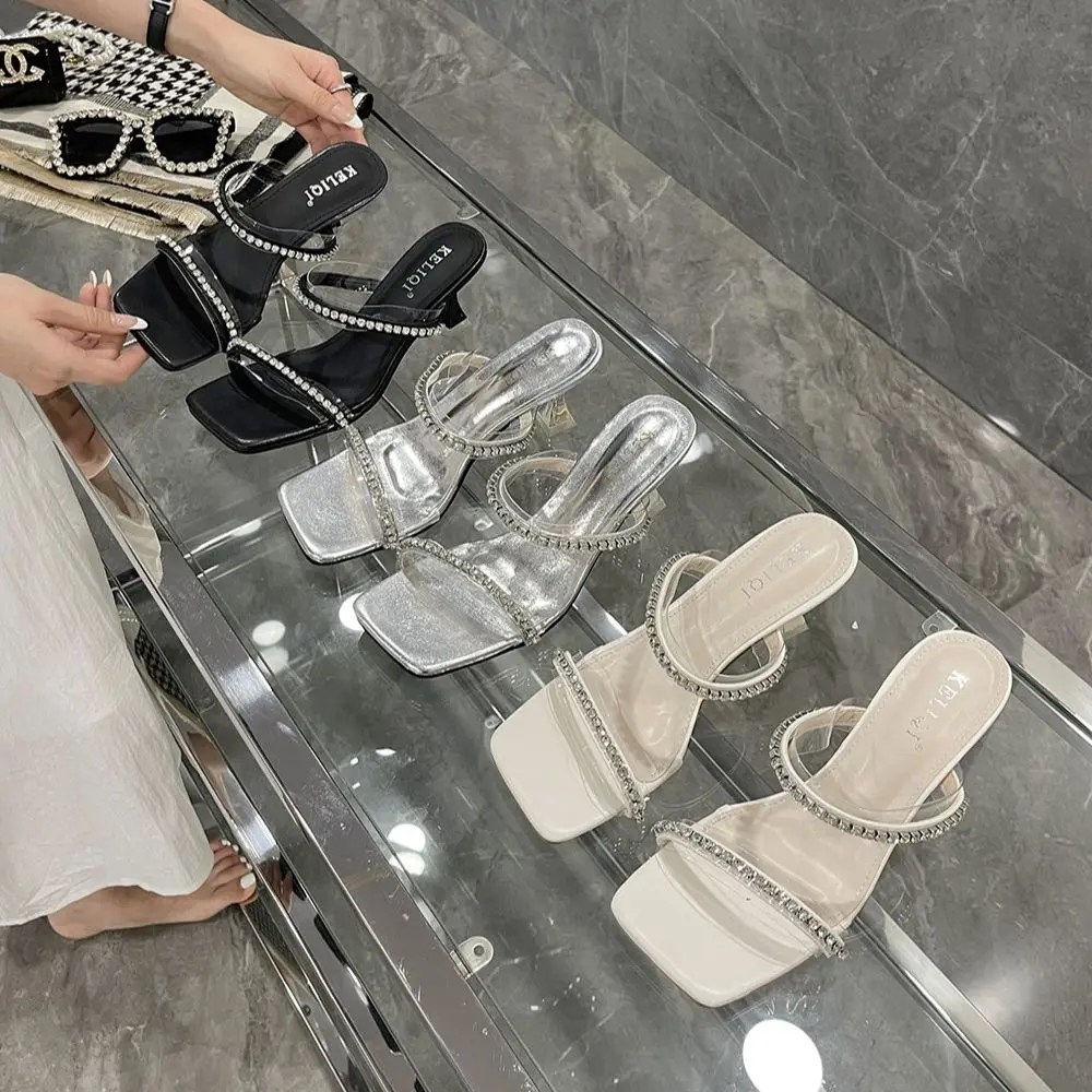 

Narrow Band Women Slippers Summer Outside Slides Mules Shoes Thin Heels Rhinestone Chain Clear High Heels Pumps Size 35-39