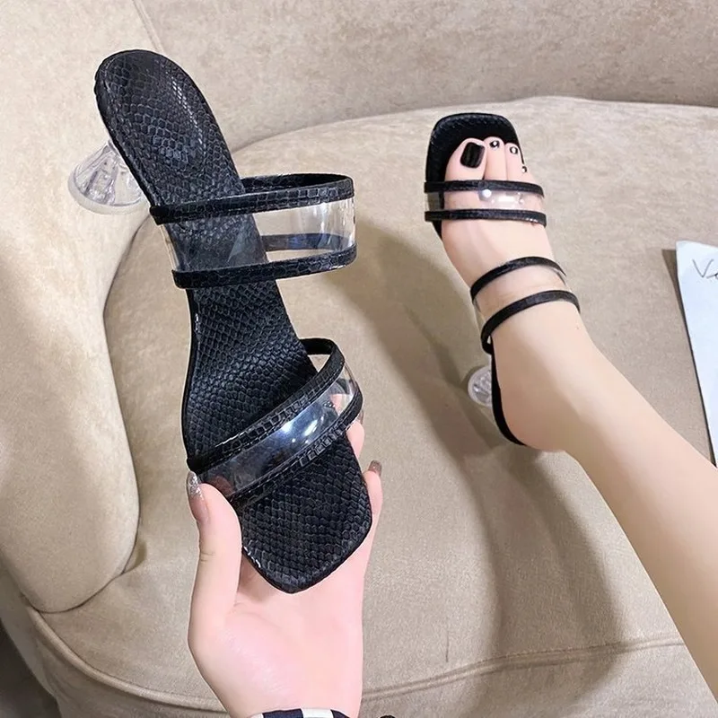

High-heeled Women's Sandals and Slippers 2022 New Korean Fashion Square Toe Transparent Thick-heeled High Heels Women Shoes 42